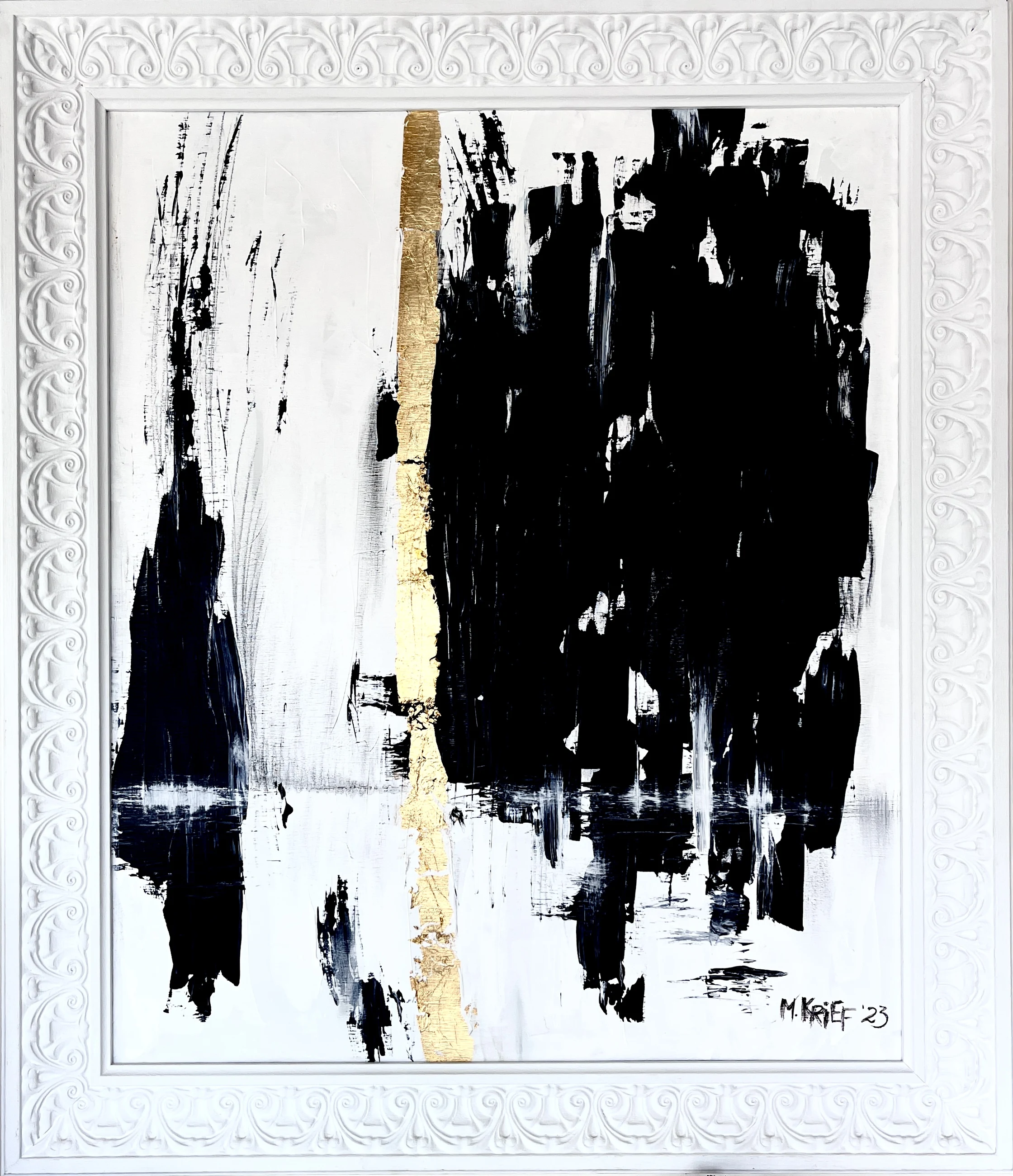 Black white and gold abstract painting